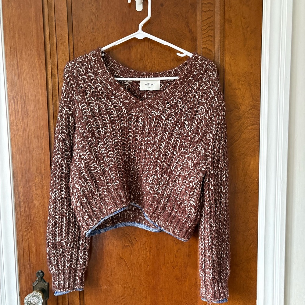 Aritzia Wilfred Brown and White V-Neck Cropped Sweater - XXS